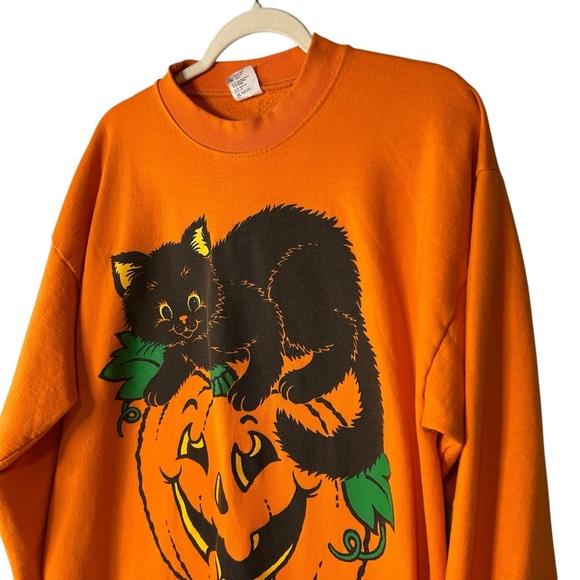 RARE Vintage 90s Hallmark Black Cat Pumpkin Halloween Sweatshirt USA XL - Picture 3 of 14